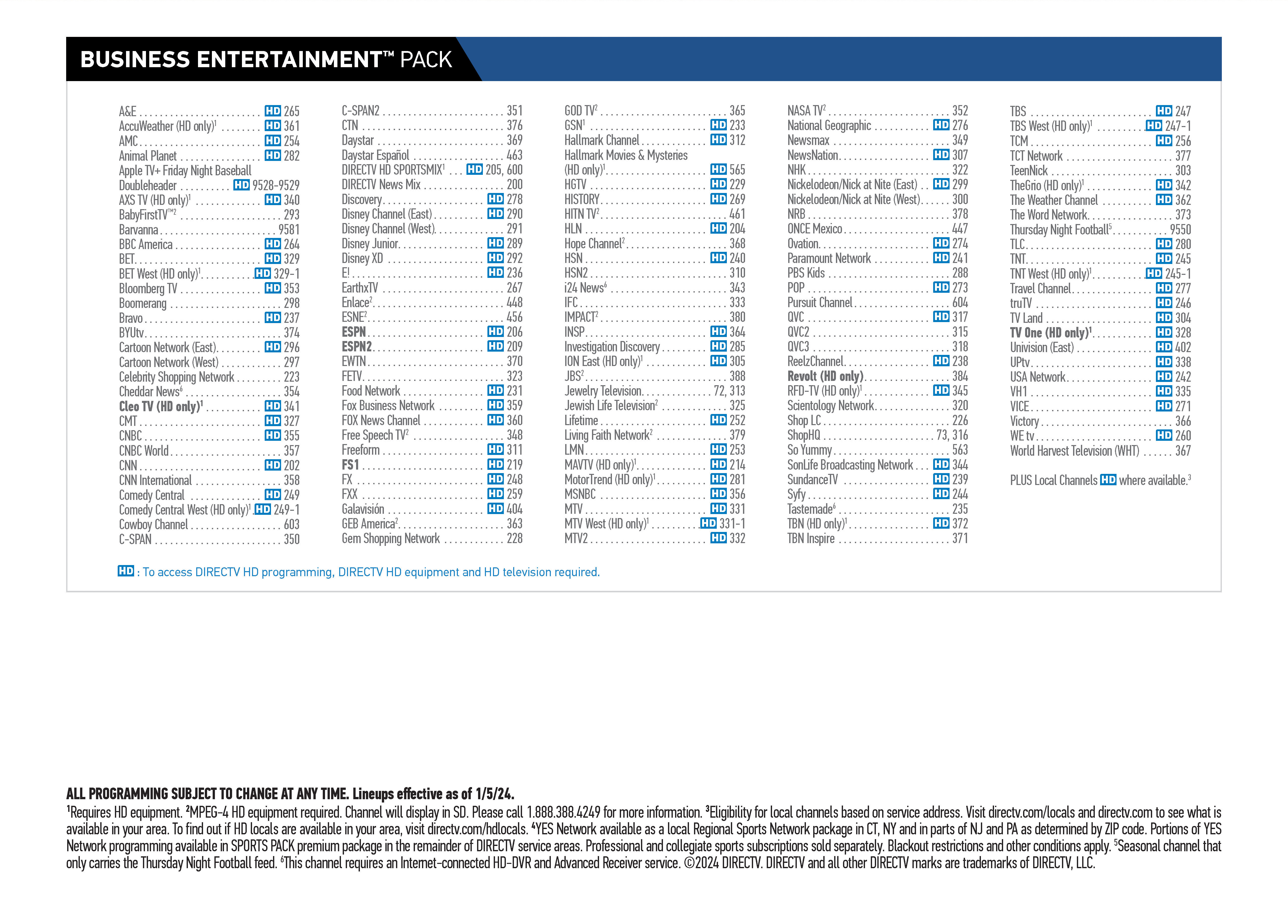 BUSINESS ENTERTAINMENT™ PACK channel lineup, effective as of 1/5/24.